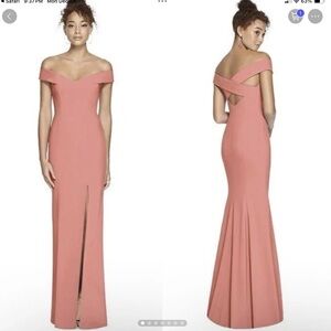 Dessy Collection Off Shoulder Criss Cross Back Trumpet Desert Rose Maxi Dress